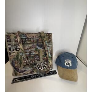 Route 66 Tapestry Tote Bag + Denim Cap Hat Bundle Vintage Travel Americana